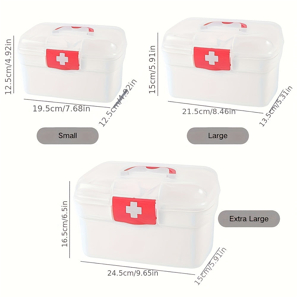 Large capacity, handheld plastic medical emergency kit with multiple compartments for home, restaurant, or outdoor use.