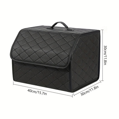 Premium PU leather car trunk organizer with collapsible cargo storage box and tension mount. Multi-functional for toys, food, and more with sleek black design and diamond-stitched pattern.