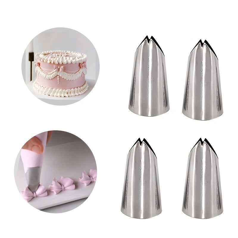 Set of 4 Stainless Steel Piping Tips, Medium-Sized (1.27/1.52cm) Icing Nozzles for Cake Decorating. Includes Bow and Leaf Lily designs. Perfect for Home Bakeries and Kitchen Supplies. Ideal for Baking Needs.