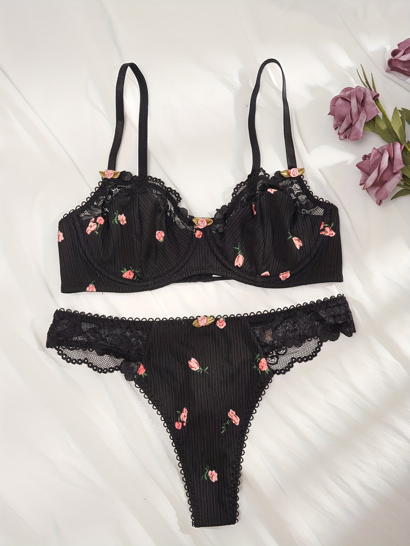 Floral print bra set and cute push-up bra with lace thong lingerie for women