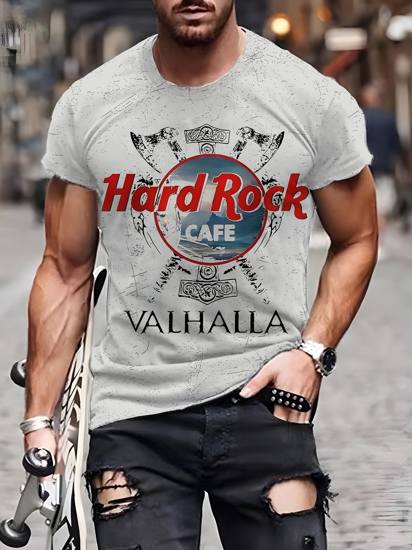 Valhalla Print Men's Crew Neck Plus Size T-shirt, Lightweight Tee for Summer Wear