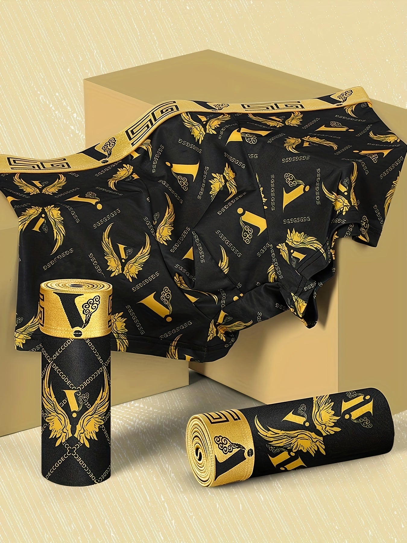 Various 1/5 Black and Golden Gift Boxes featuring Summer lightweight, comfortable, breathable quick-dry fabric with Black and Golden Leopard Rainbow Chain Designs on Men's Boxer Briefs.