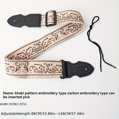 Wide thick embroidered guitar strap suitable for acoustic and electric bass guitars, featuring trendy street style in mixed colors and fabric material.