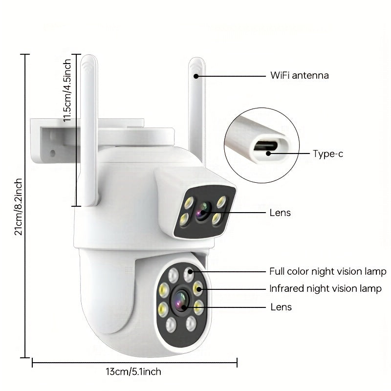 Dual lens security camera with wireless 2.4/5g dual band wifi, 4MP resolution, 360 view PTZ, AI mobile detection, two-way audio, color night vision, and smart phone app for monitoring