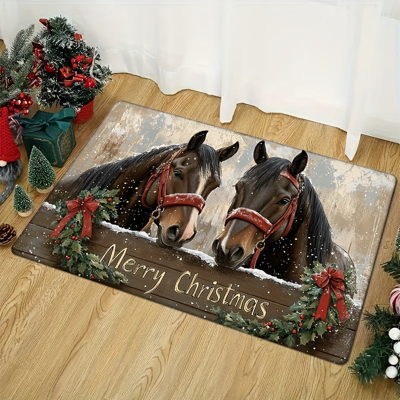 Festive Holiday Christmas Horse Doormat for Kitchen or Living Room - Non-Slip, Washable, Water-Resistant, Lightweight, Machine Made with Flat Woven Polyester and Low Pile Texture