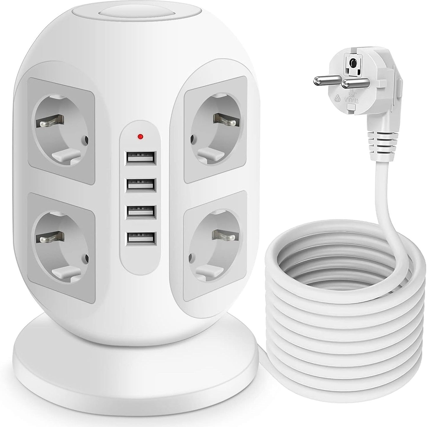 Power strip with 4 USBs, multi-socket tower, 1.8m extension cable, surge protection with dual switches for garden, office, kitchen.