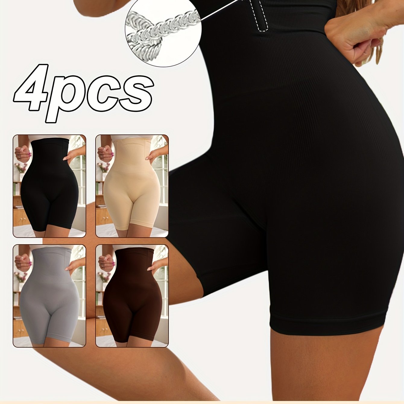 4-pack of high-waisted shaper shorts for women, designed to slim, shape, and control the tummy with a wide waistband. Perfect for yoga and fitness.