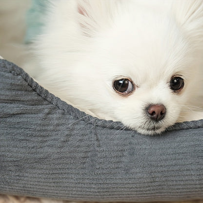 Square pet bed for medium to large dogs, cozy and warm with polyester fiber and pillow cushion, perfect for winter comfort. Beige, non-assemblable design.