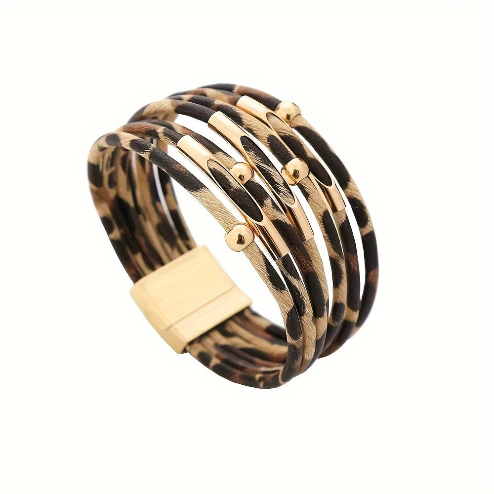 Stylish leopard print PU leather bracelet with plating - Ideal for Breast Cancer Awareness Day or any party!