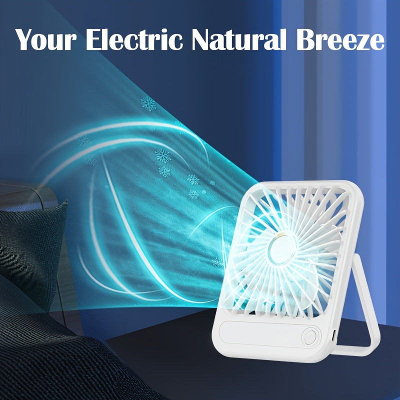 Compact USB rechargeable table fan with 3 speed modes and button control. Made of plastic, suitable for indoor and outdoor use. Rated at 5W, includes cord and built-in lithium battery for convenient office, bedroom, and camping use.