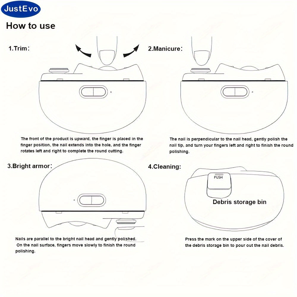 JUSTEVO Electric Nail Clipper is a USB rechargeable tool with a 400mAh lithium polymer battery. It is perfect for manicure, nail filing, polishing, and shaping. An ideal gift for friends