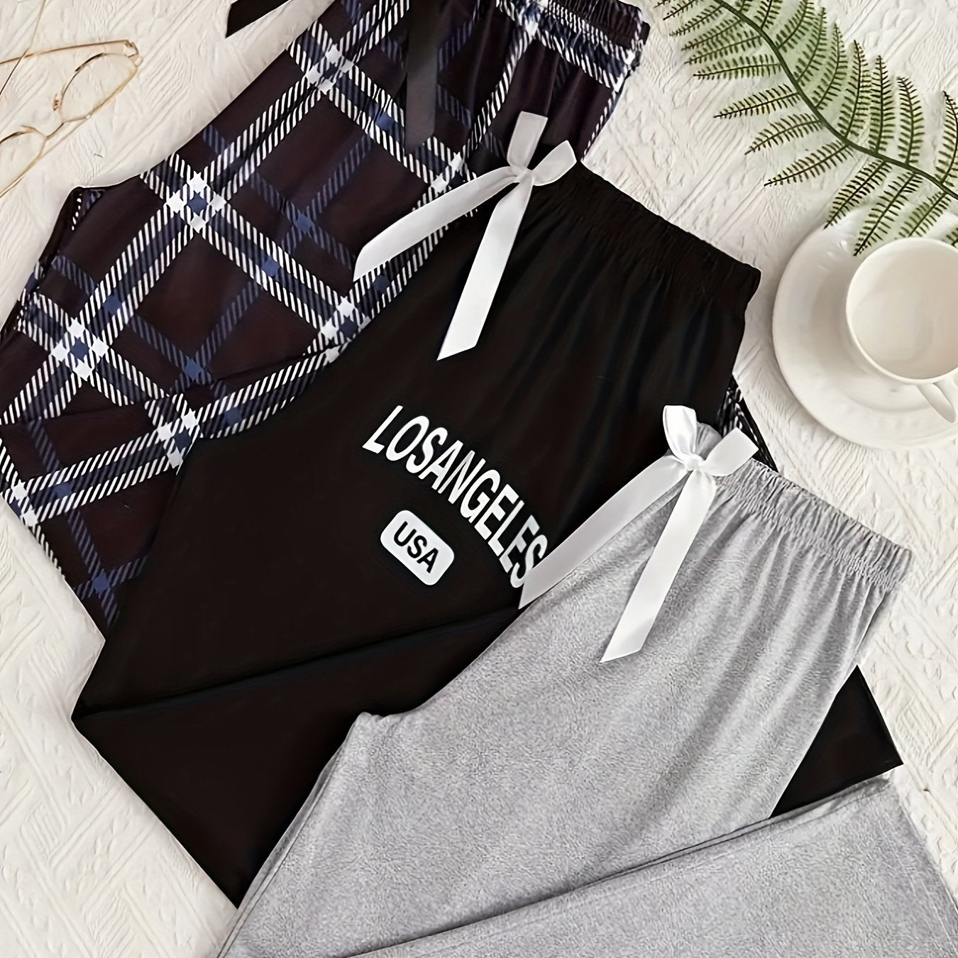 3 plus size lounge pants with letter & plaid prints and bow elastic waistband for women.