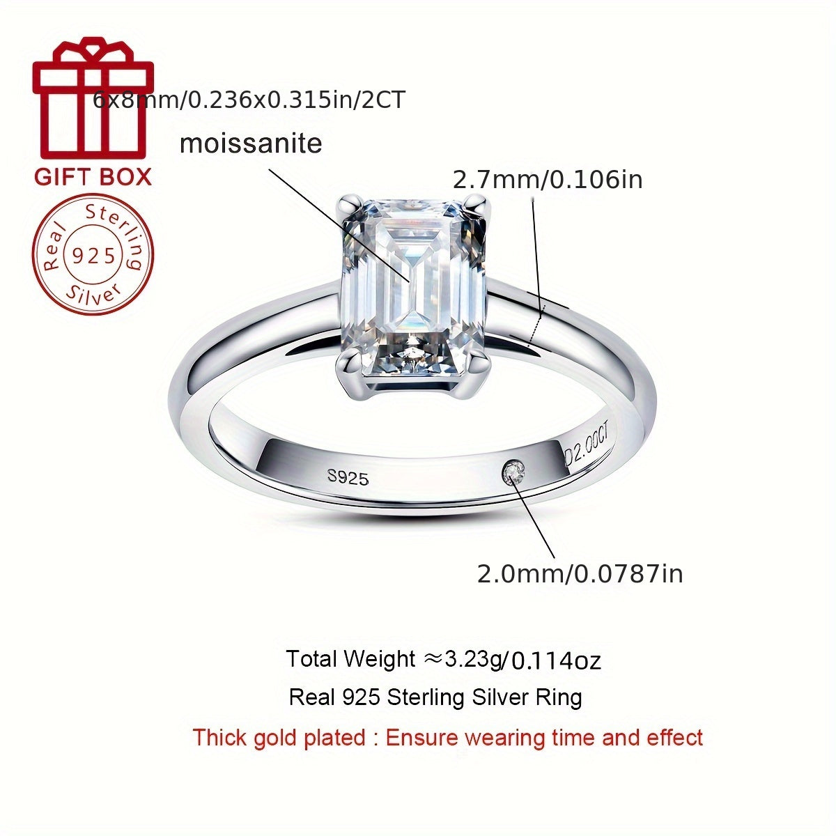 925 Sterling Silver Elegant 2CT Emerald Cut Moissanite Engagement Ring, Ideal Gift for Her