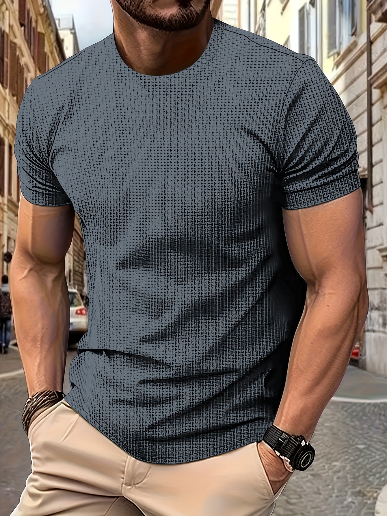 Red men's casual t-shirt made of nylon and spandex blend, crew neck, non-stretch, machine washable, ideal for summer wear, stylish design.