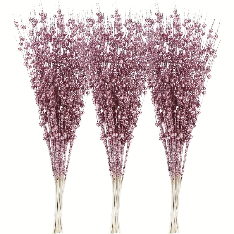 4 artificial glitter berry stem ornaments for Christmas tree or vase, 17 inches in rose gold.