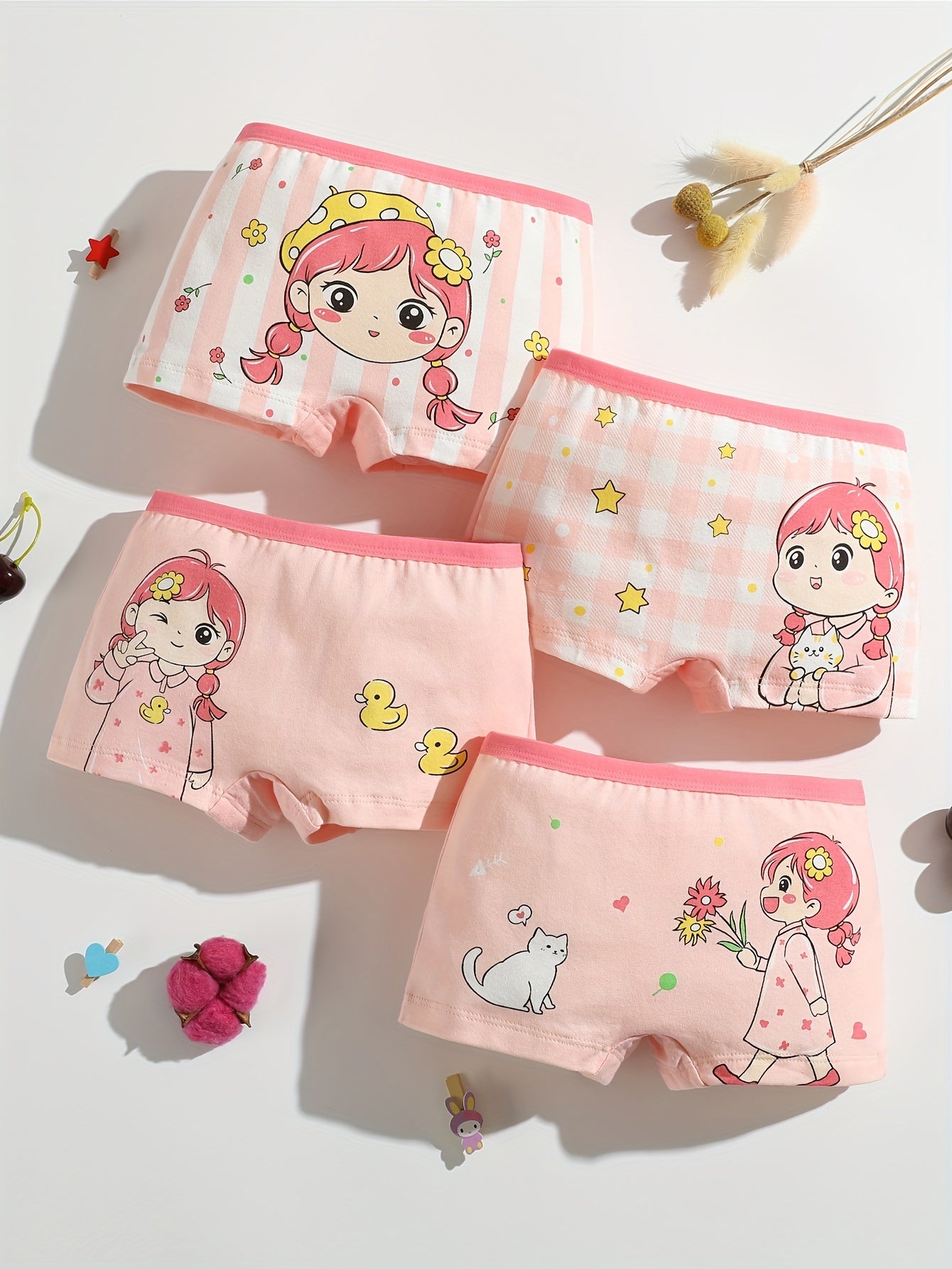 4 Soft Cotton Girls Boxer Briefs with Cartoon Pattern, Flat Leg Underwear