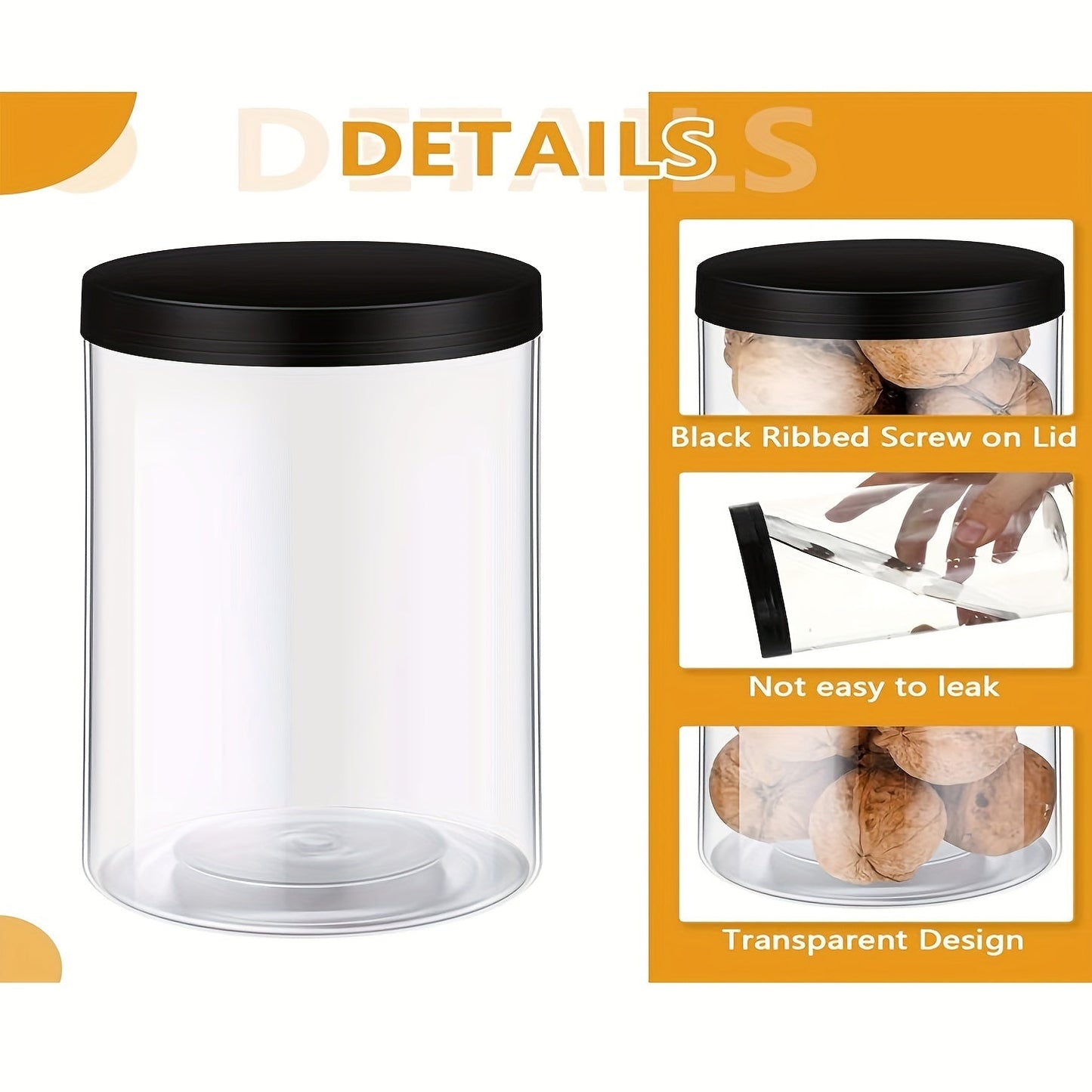 Set of 6 43oz Clear PET Food Storage Jars with Smooth Black Lids - BPA Free, Wide Mouth for Easy Pouring & Cleaning - Ideal for Organizing Your Kitchen Pantry