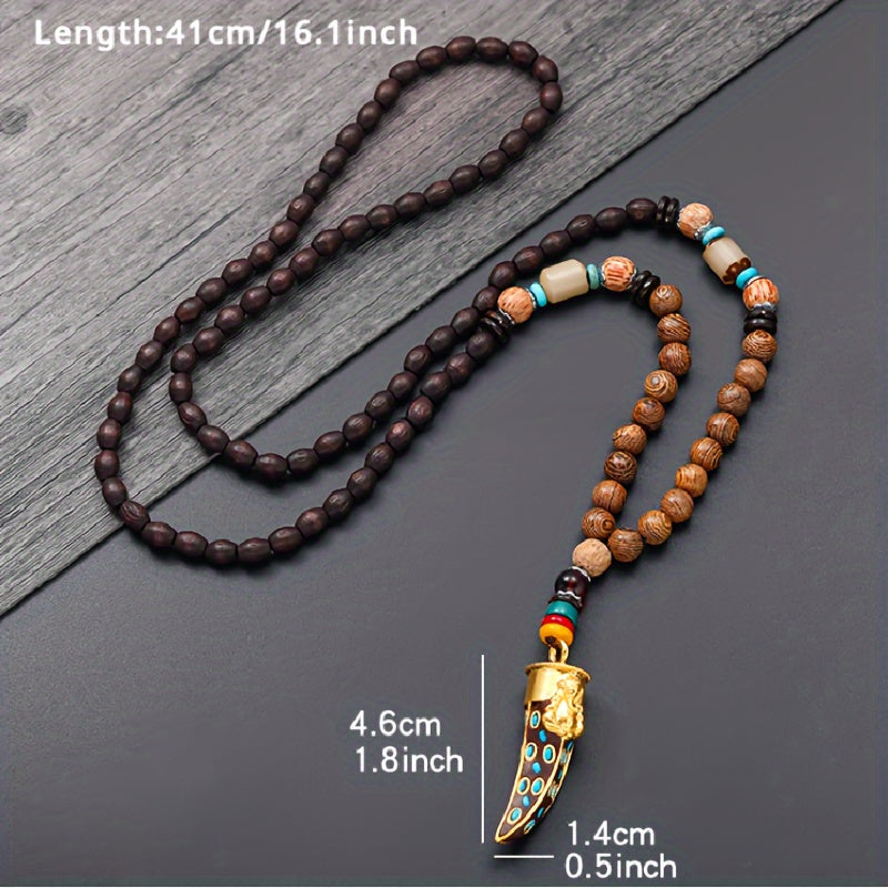 Gift Necklace: Long Sweater Chain with Boho Style Wooden Beaded Pendant, Carved Jewelry