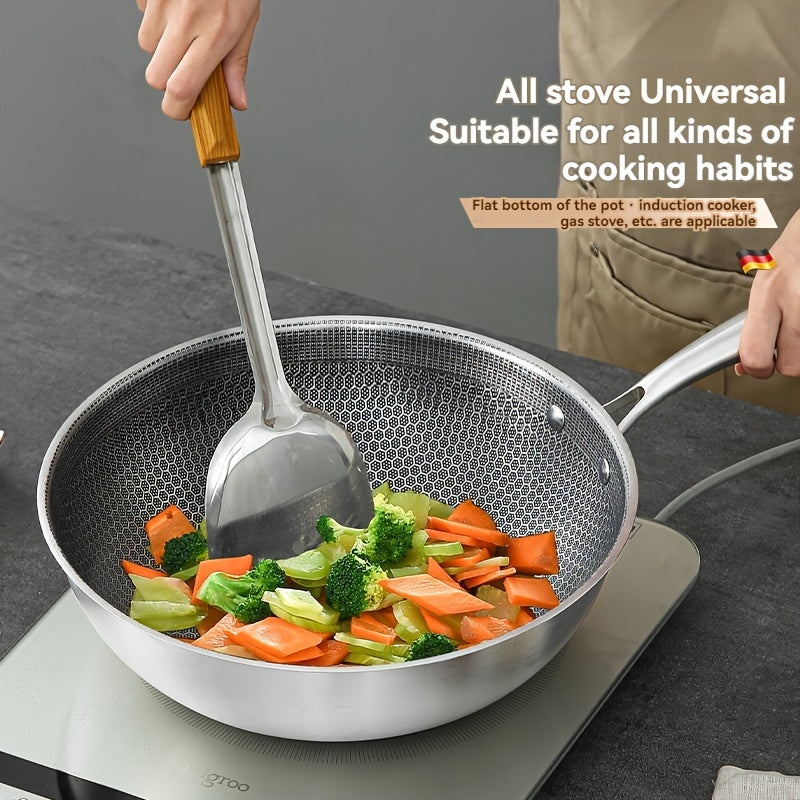 Lightweight Stainless Steel Wok featuring Non-Stick Honeycomb Design - Durable Scratch & Heat Resistance, Convenient One-Handed Lift for Cooking at Home or Outdoors