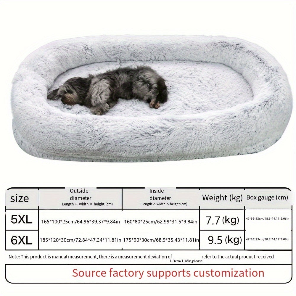 Oval-shaped plush sofa bed for dogs and people, cozy and warm with a non-slip bottom and machine washable in gray color.