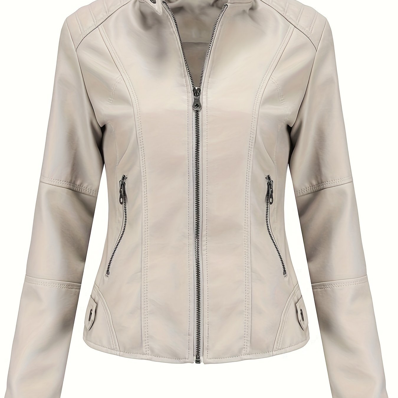 Beige biker style jacket for women, ideal for spring/fall with zipper details, stand collar, and slant pockets. Functional and sleek for casual outerwear.