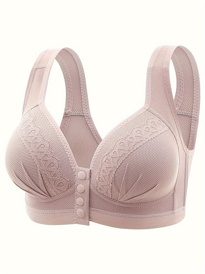 Three contrast lace wireless bras, front buckle push up style, comfortable and breathable, perfect for women's lingerie and underwear.