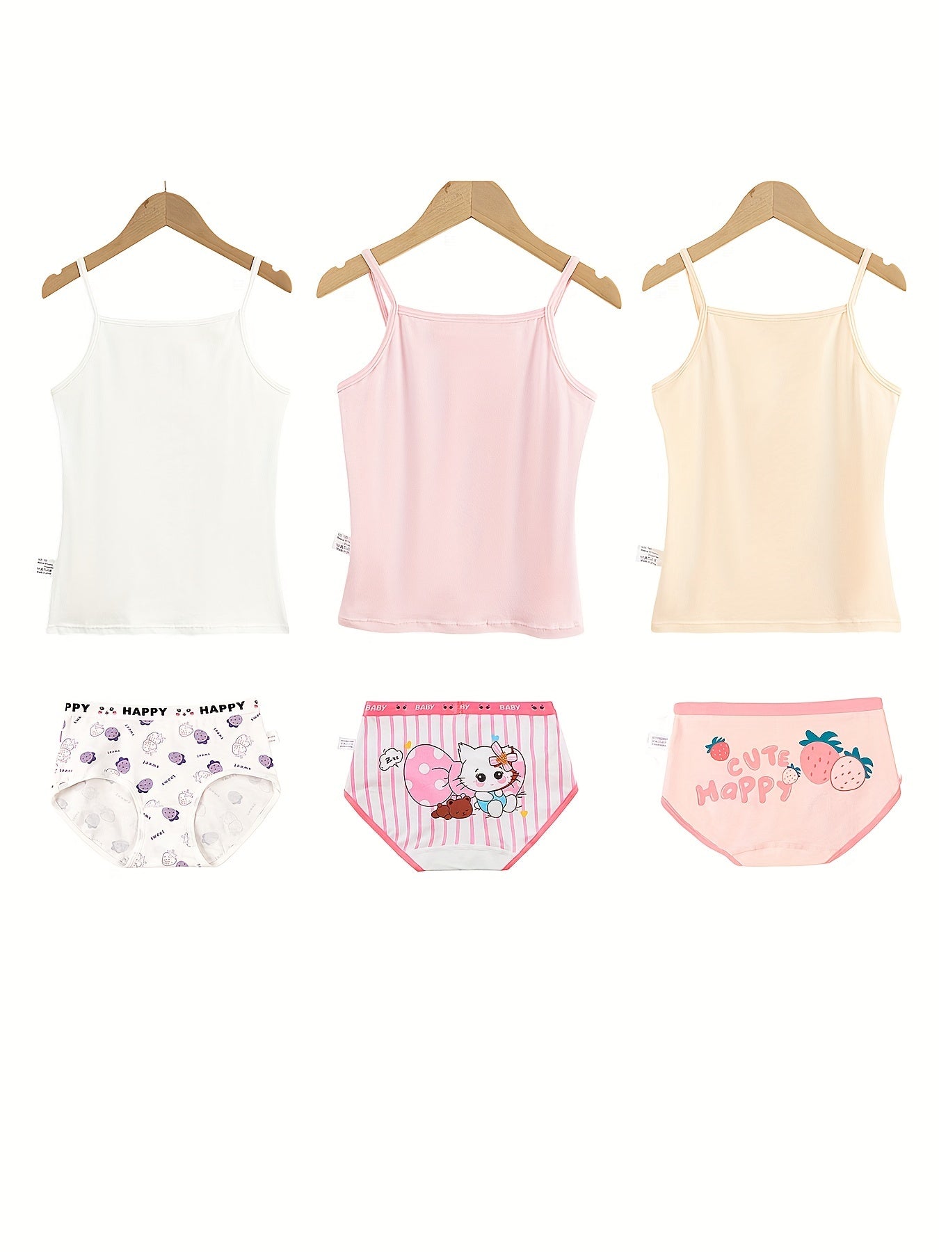 3-piece girls' cotton underwear set featuring cute cartoon tank tops and briefs, suitable for all seasons with a breathable comfort fit.