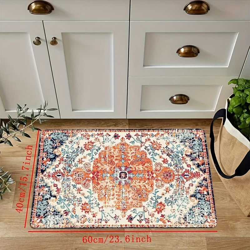 An antique bohemian patterned rug that can be used as a kitchen mat, outdoor carpet, entrance doormat, bathroom mat, non-slip kitchen mat, pet feeding mat, and feeding pad.