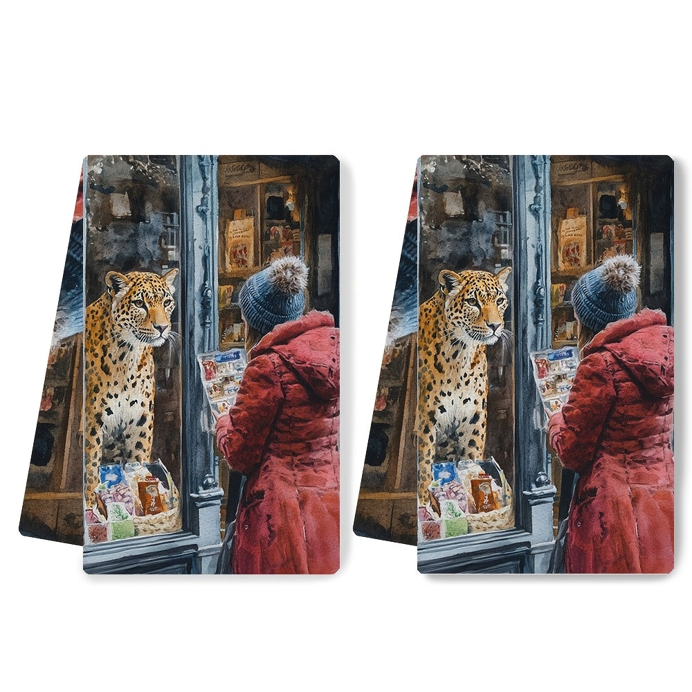 Set of 2 Ultra Soft Kitchen Towels featuring a Whimsical Leopard & Human Encounter Design, Made with Highly Absorbent Polyester Material. Easily Machine Washable, each towel measures 40.64x60.96 cm - Perfect for Holiday Decor and practical use as Dish