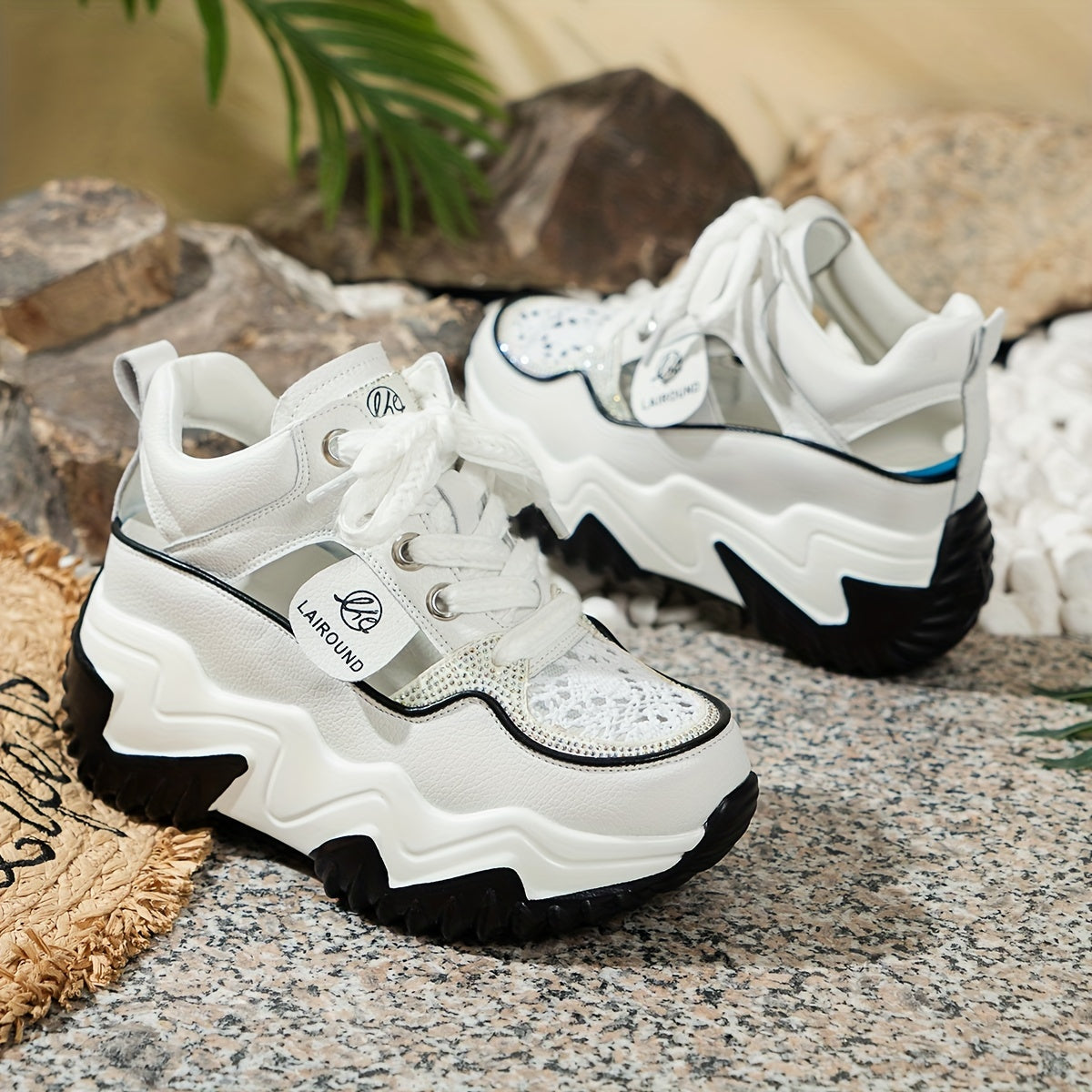 Solid color lace up platform sneakers with soft sole, hollow design, breathable and heightening low-top style for women.