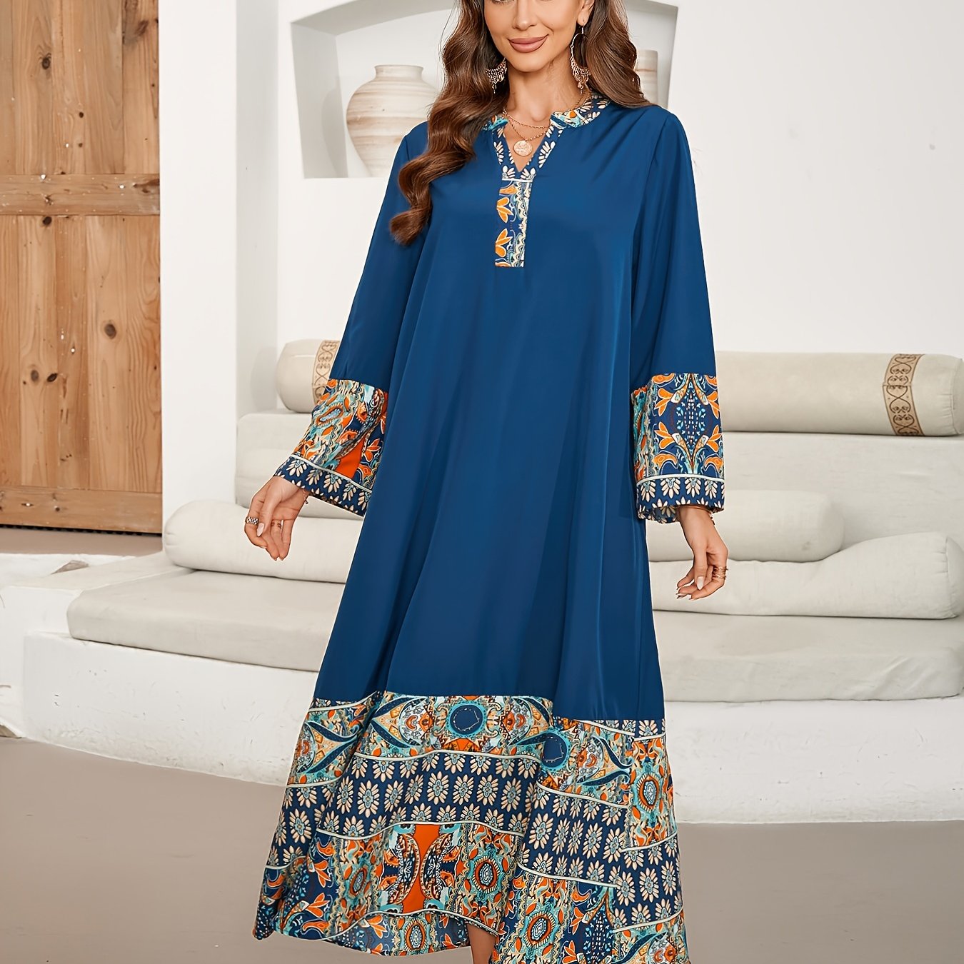 Ethnic print color block kaftan with notched neck and long sleeves, maxi dress for women