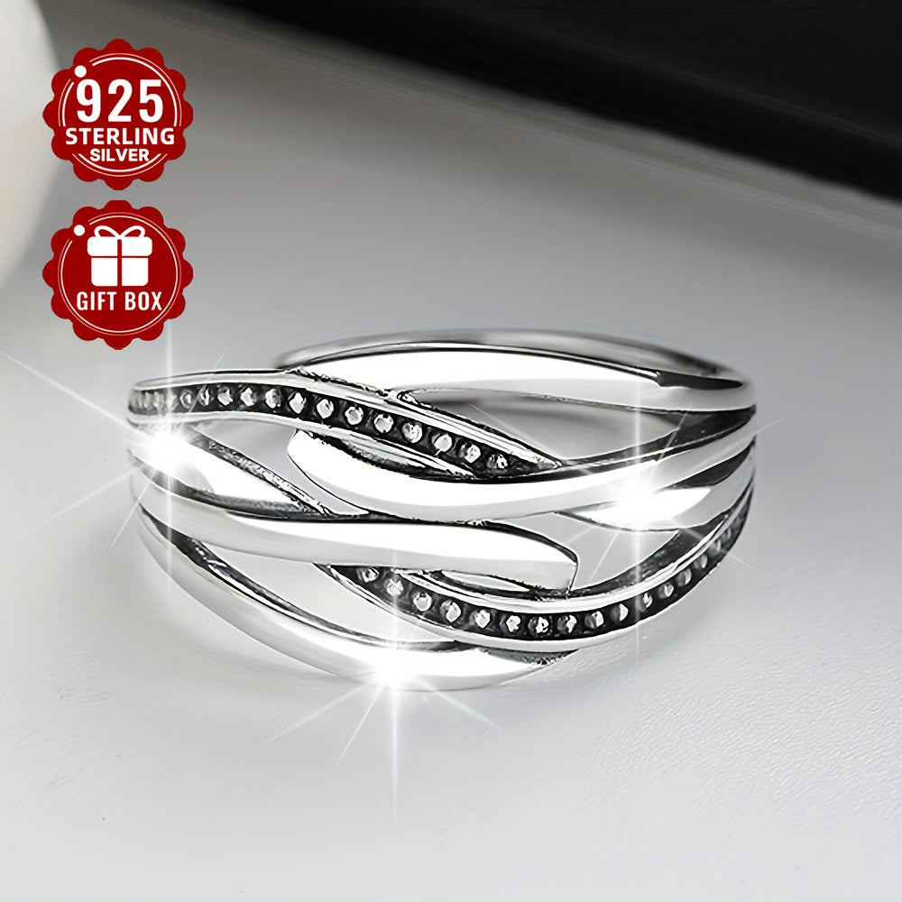 Sterling silver retro ring with multi-layer winding design, wide version and exaggerated style. This trendy unisex ring is suitable for both men and women, perfect for party gatherings. Weighing approximately 3.01g.