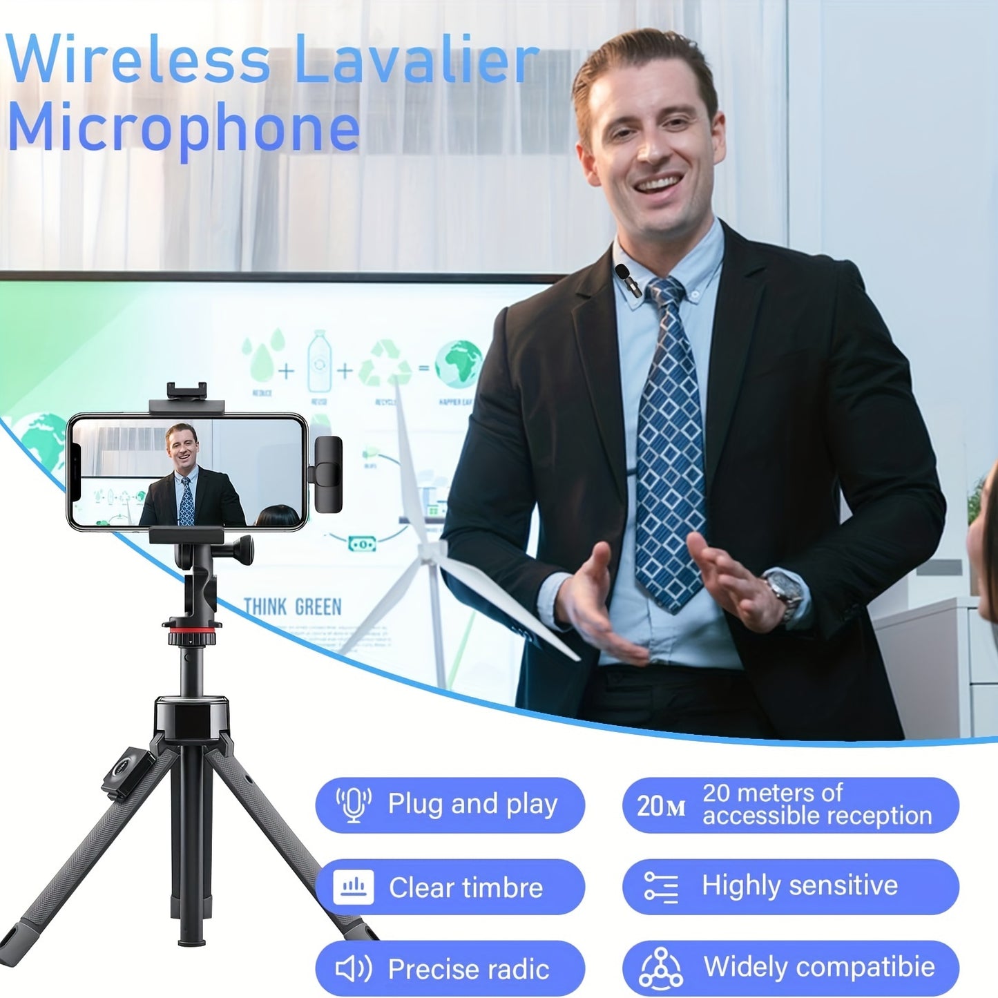 Wireless lavalier microphone with windproof fur ball for smartphones, laptops, and audio video recording, perfect for video interviews, podcasts, and vlogs.