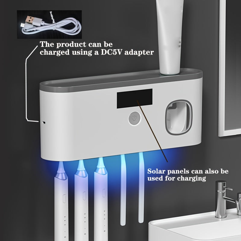 UV Toothbrush with wall-mounted holder that kills 99% of bacteria. No drilling required, includes automatic toothpaste dispenser and can be charged using solar or DC5V.