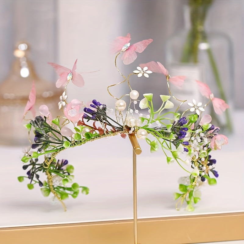 Hair accessories for women featuring a flower headband with butterfly decoration, faux pearl inlays, and a wreath design