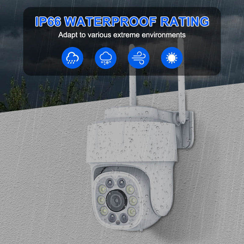 A high-quality wireless outdoor security camera for home protection, featuring 1080p HD resolution, full color night vision, two-way audio, smartphone app control, motion and audio alerts. This camera offers panoramic surveillance with 355° horizontal