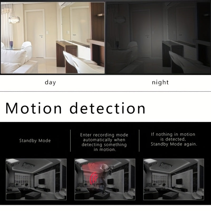 Mini camera with night vision, motion detection, and loop recording.