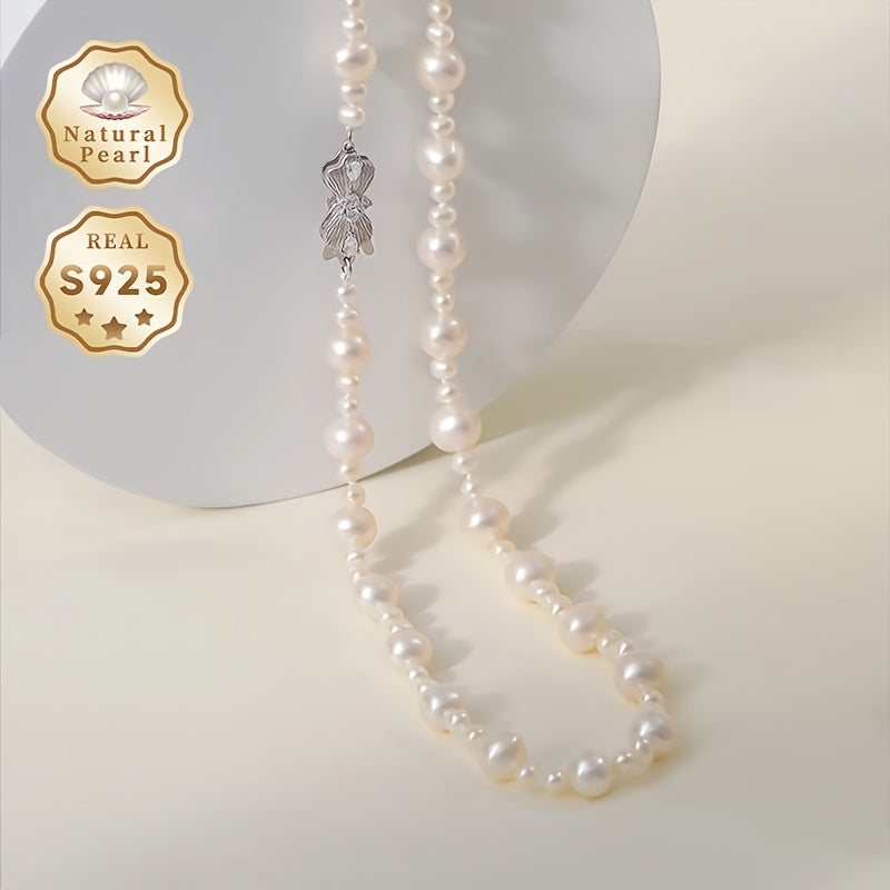 Beautiful Freshwater Pearl Necklace designed for women, featuring lustrous natural pearls with slight imperfections measuring 3-4mm/7-8mm. The necklace is accompanied by an S925 silver sweater chain and comes in a gift box. Ideal for everyday wear or as