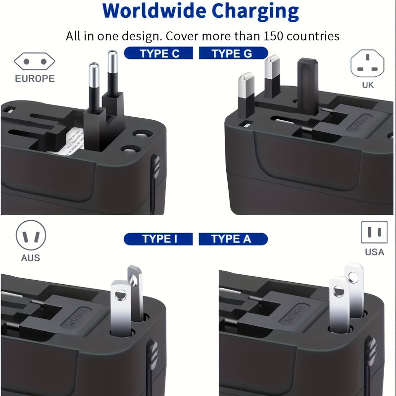 Travel adapter with 1pc compliance certification for US/EU/UK/AU plugs, covering over 150 countries. Suitable for iPhone, Samsung, Xiaomi, Android, iPad, and more. Ideal holiday gift.