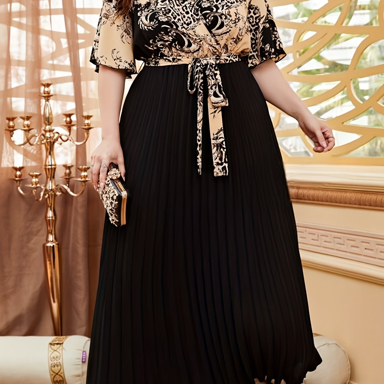 Floral Print Pleated Dress with Belt, Plus Size Surplice Neck Dress