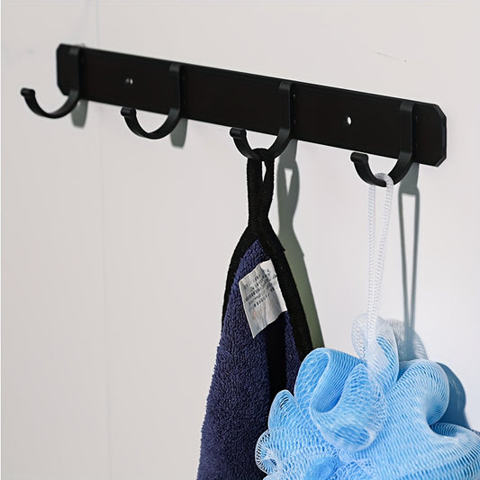 Hooks for clothes in various locations like the bathroom, toilet, behind the door, and kitchen. Adhesive or perforated installation options in black, gray, and silver colors with 4 or 6 hooks.