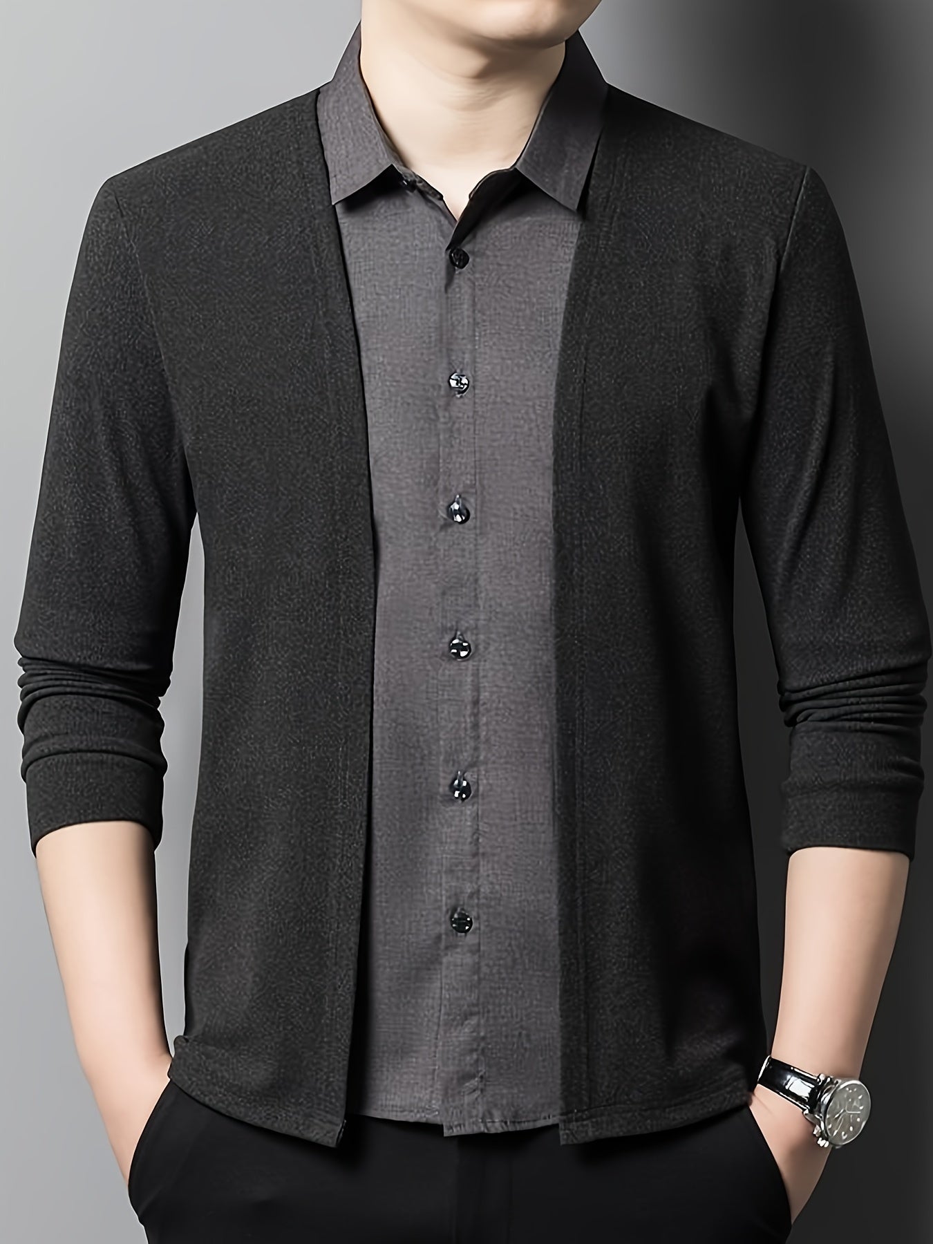 Men's two-piece color-blocked casual shirt with long sleeves and a collared neckline.