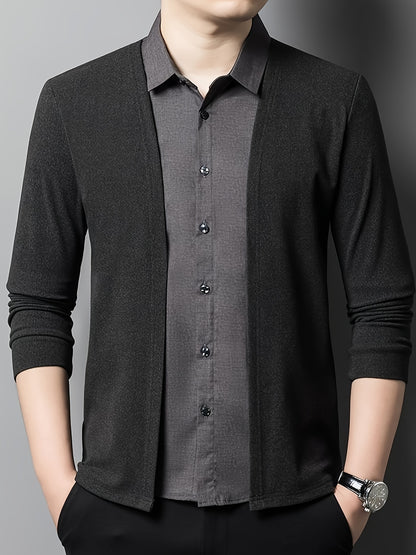 Men's two-piece color-blocked casual shirt with long sleeves and a collared neckline.