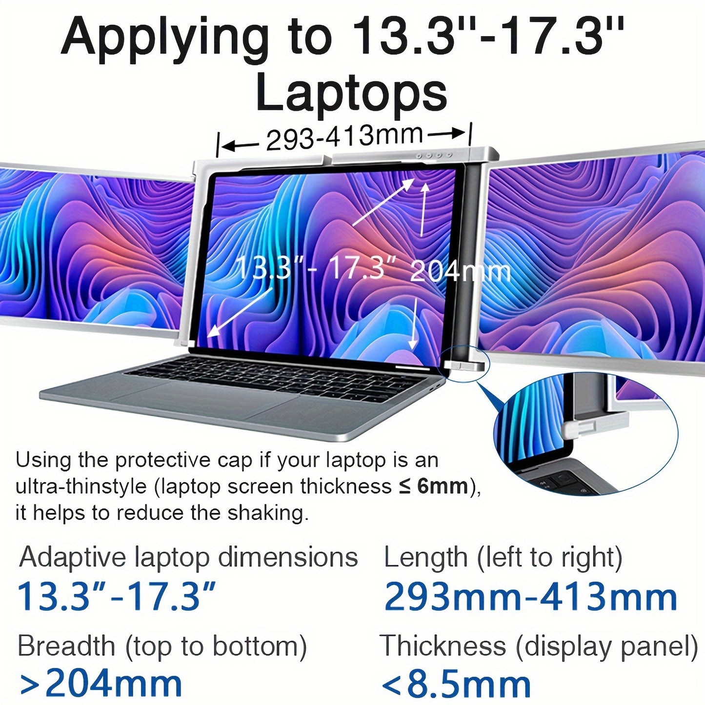 Portable triple monitor for laptops with 33.78cm 1080P FHD IPS display, USB-C/A connectivity, Freesync Premium, matte finish, wide viewing angle. Compatible with MacOS M1-M3 & Windows