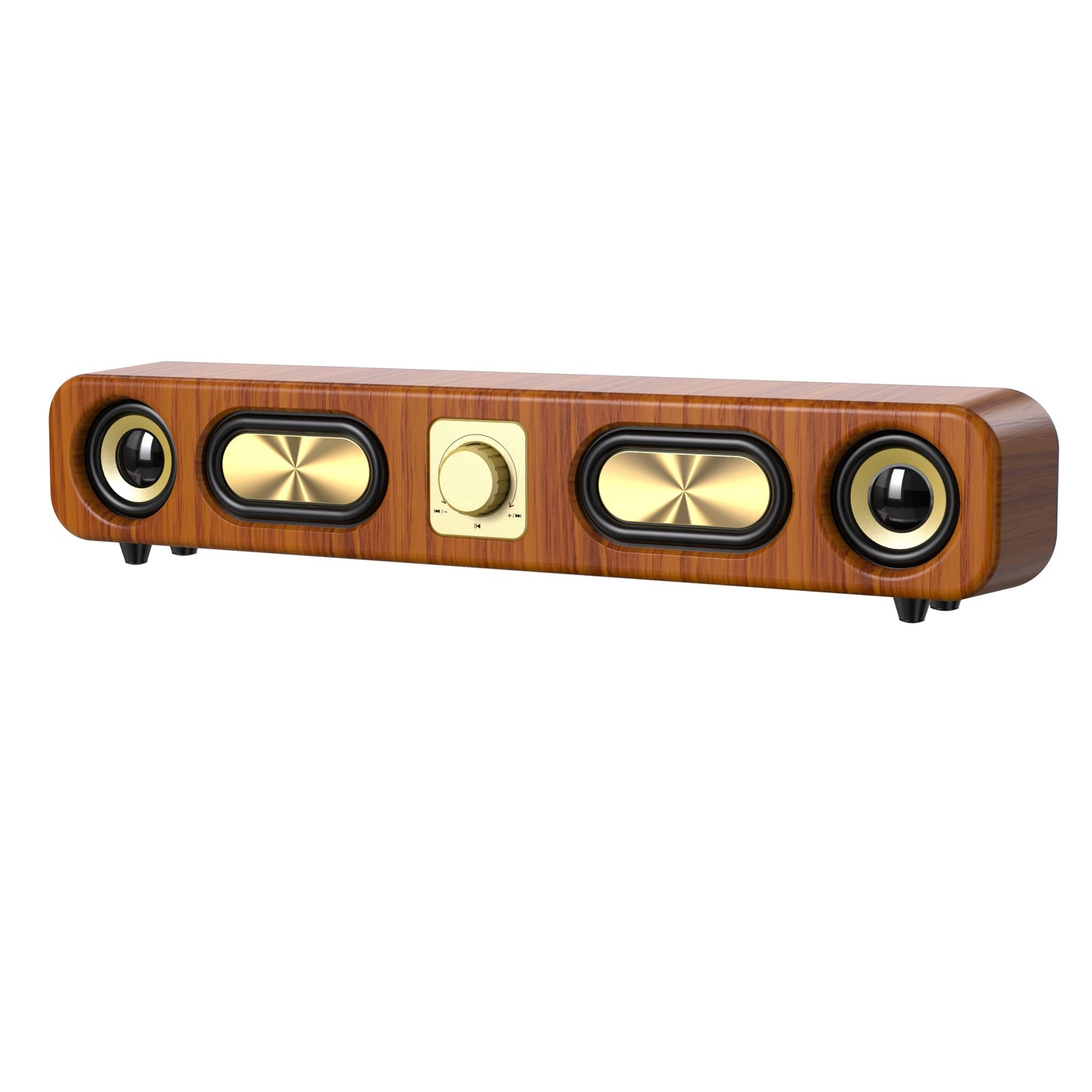 Portable wireless speaker with dual speakers, enhanced bass, rechargeable battery, wood grain design - perfect for parties and gifts.