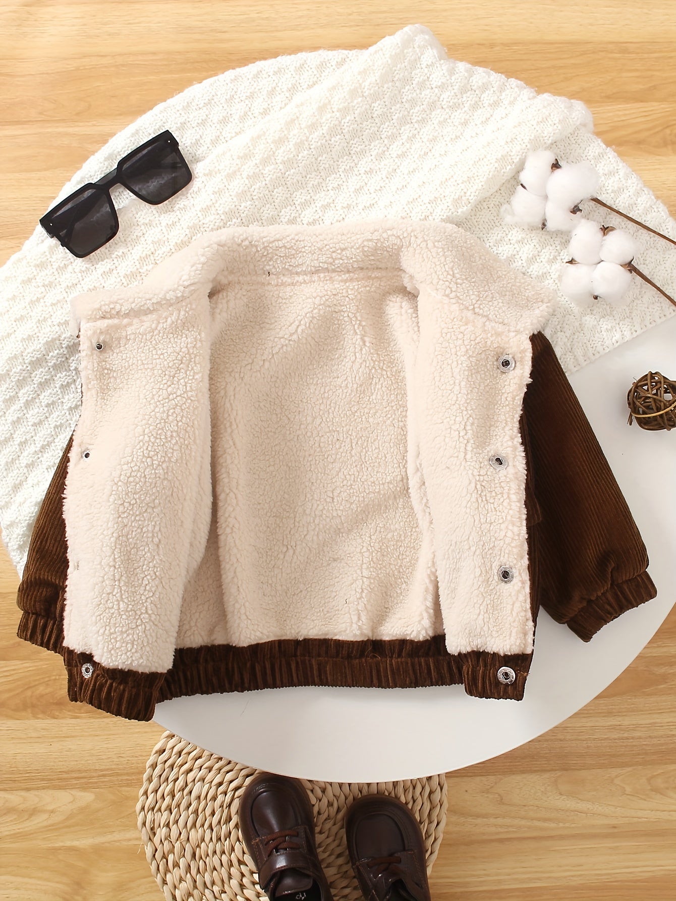 Baby boy's corduroy jacket with warm fuzzy lining, button front, and turndown collar. Perfect for fall and winter outdoor activities.