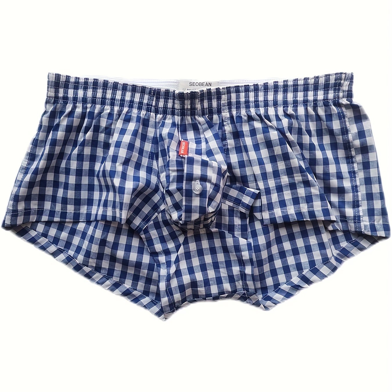 Men's flat corner underpants with front button opening, made of thin pure cotton, low waist sexy plaid shorts.