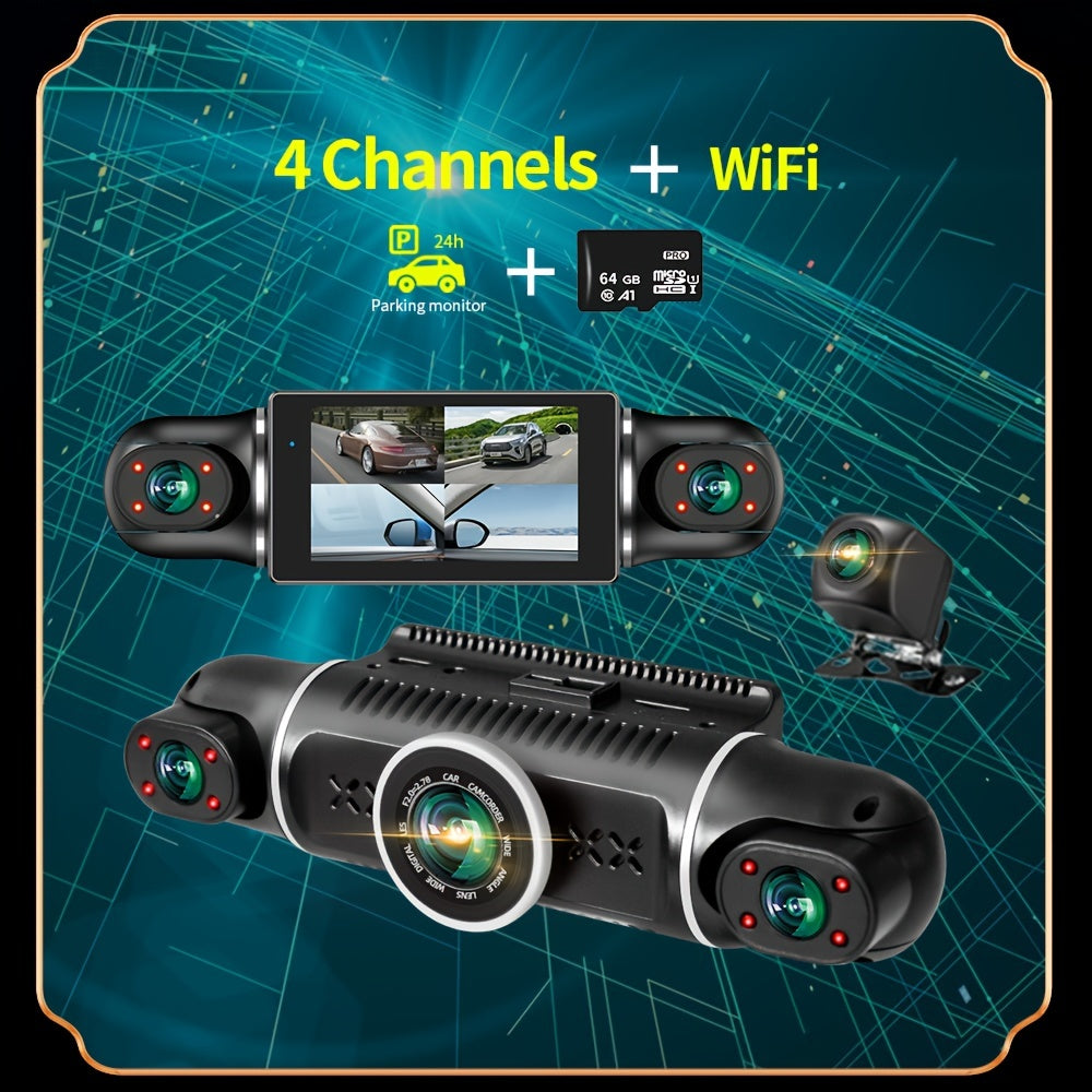 Wireless 4-channel GPS dash cam with 24-hour parking mode and memory card, recording 360° front, left, right, and rear views.