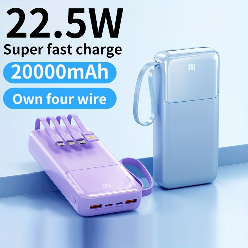 20000mAh Portable Power Bank with fast PD20W charging, 4 built-in charging cables, LED power display, lanyard. Suitable for iPhone/Android and other devices. Ideal for emergencies.