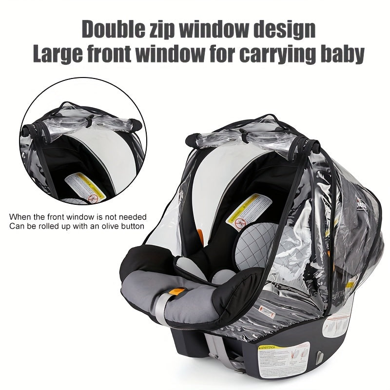 Protect your car seat from rain, dust, and snow with this universal car seat rain cover made of food-grade EVA material. The waterproof and windproof design features a quick-access zipper door and side ventilation for added convenience. This practical